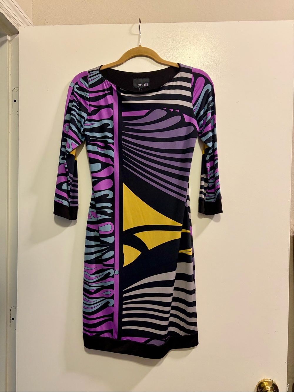 Analili Purple, Yellow & Black Abstract Print Long Sleeve Dress